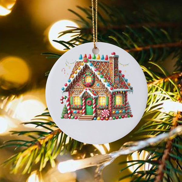Holiday Candy Cottage Tree Ornament, Gingerbread House Christmas Ornament, Glossy Ceramic Keepsake Ornament, Festive Xmas Hom