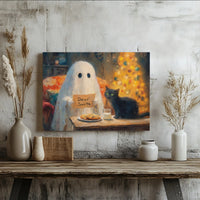 Black Cat Dear Santa Canvas Art, Ghost Christmas Canvas Print, Whimsical Holiday Ghost Canvas, Festive Winter Wall Decor, Xmas Art Present