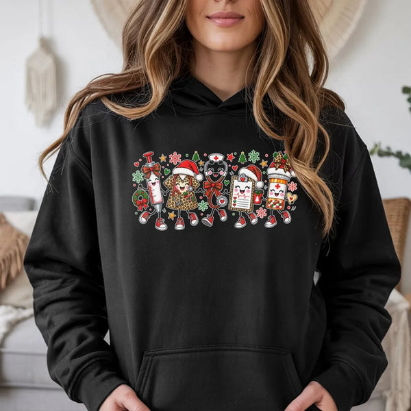Leopard Print Nurse Christmas Hooded Sweatshirt, Christmas Nurse Hoodie, Humorous Nursing Squad Hoodie, Holiday RN Present, X