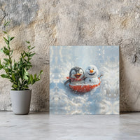 Cartoon Winter Scene Canvas Art, Adorable Penguin and Snowman Square Canvas, Kids Nursery Penguin Canvas Print, Holiday Christmas Wall Decor