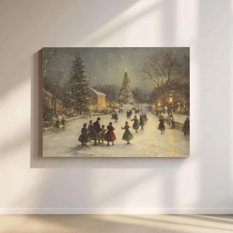 Winter Town Square Canvas Print, Vintage Christmas Ice Skating Canvas, Snowy Holiday Landscape Canvas Wall Art, Festive Seasonal Home Decor