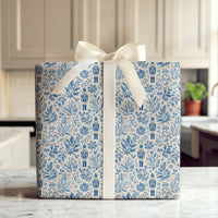 Watercolor Toile Christmas Gift Wrap, Blue Nutcracker Wrapping Paper, Nutcracker Soldier Wrapping Paper, Floral Holiday Gift Wrap Paper