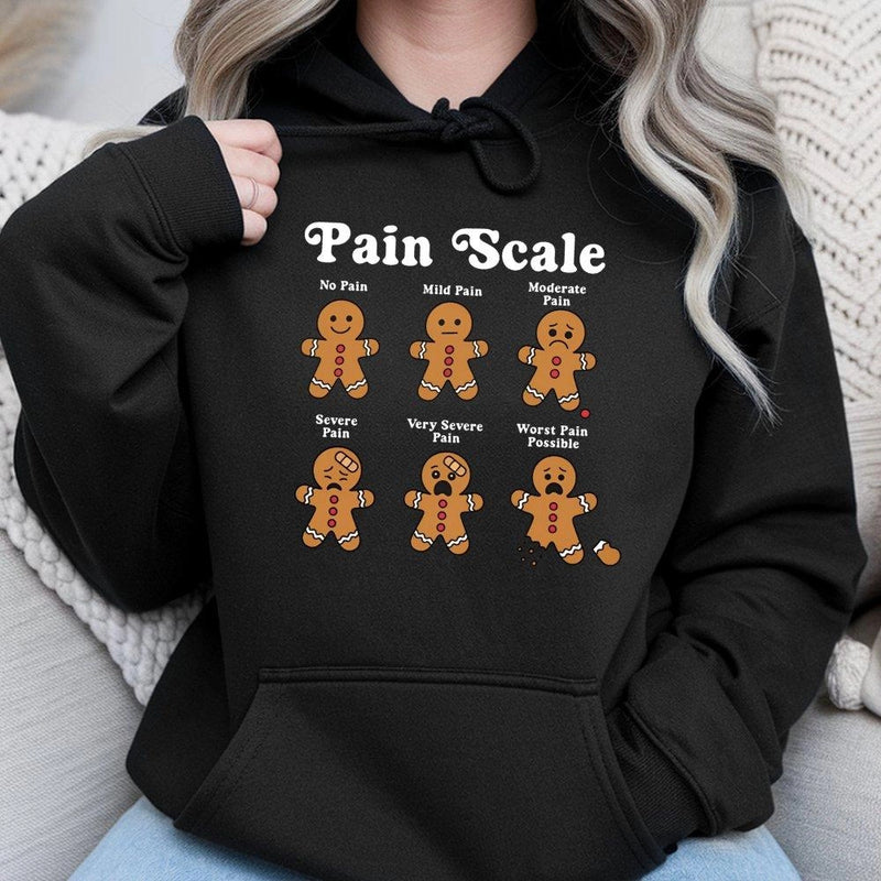 Humorous Nurse Christmas Sweatshirt, Gingerbread Pain Scale Hoodie, Adorable Nursing Humor Hooded Pullover, RN Medical Staff Holiday Nurse Hoodie