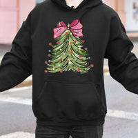 Pink Bow Christmas Tree Hooded Sweatshirt, Watercolor Christmas Tree Hoodie, Adorable Holiday Tree Pullover, Festive Christmas Hoodie Present