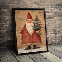 Rustic Vintage Christmas Canvas, Folk Art Santa Claus Canvas Print, Farmhouse Holiday Wall Art, Distressed Santa Canvas Wall Decor