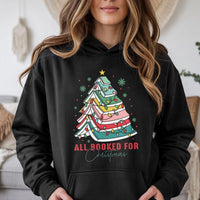 Book Lover Christmas Tree Hoodie, All Booked for Christmas Hoodie, Comfy Holiday Bookworm Hooded Sweatshirt, Reader Teacher Xmas Present Hoodie