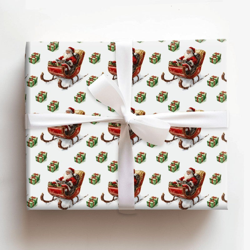 Retro Christmas Gift Wrap, Vintage Santa Sleigh Wrapping Paper, Festive Santa Claus Wrapping Paper, Holiday Gift Wrap Paper Roll Decor