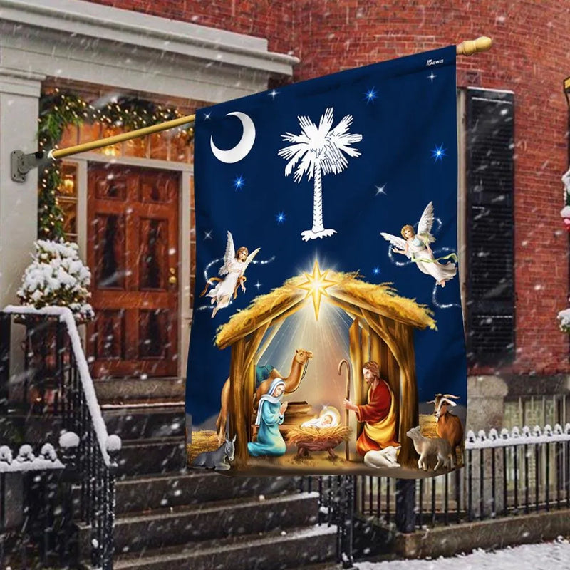 Christmas Holy Family Yard Flag, South Carolina Palmetto Moon Nativity Garden Flag, Double Sided Winter Lawn Flag, SC Holiday Decor