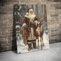 Snowy Reindeer Christmas Canvas, Vintage Santa Claus Canvas Wall Art, Winter Forest Holiday Wall Art, Retro Santa Canvas Print Present