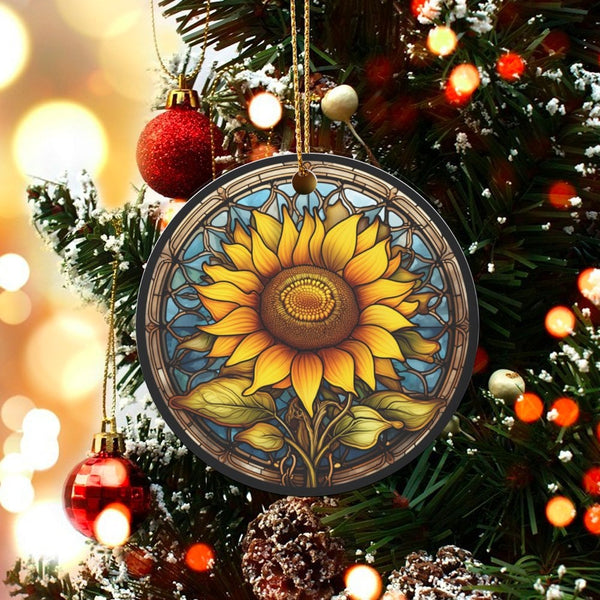 Floral Ceramic Christmas Ornament, Stained Glass Sunflower Ornament, Hanging Botanical Tree Decor, Keepsake Present for Flowe