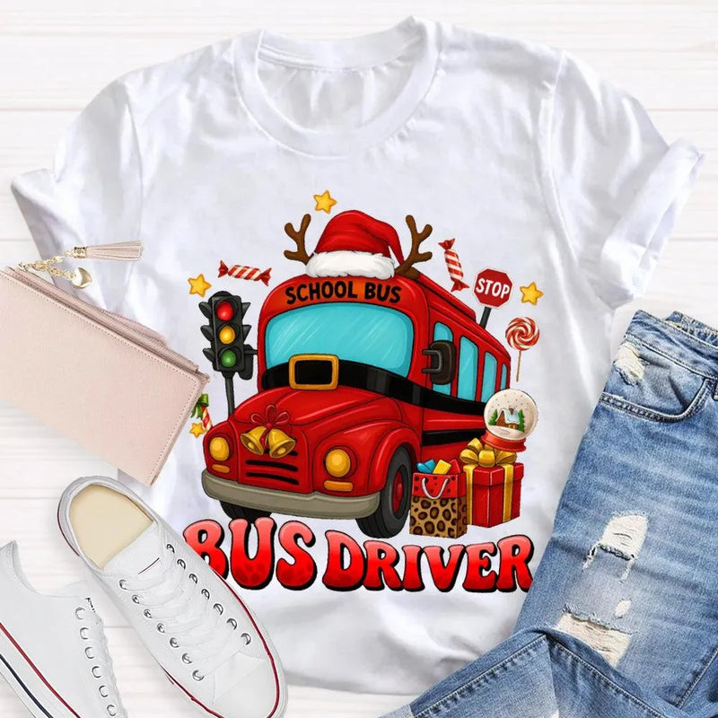 Santa Hat Holiday Bus T-Shirt, School Bus Driver Christmas Shirt, Humorous Xmas Transportation Staff Tee, Bus Driver Appreciation Present