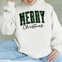 Green Plaid Buffalo Check Sweatshirt, Merry Christmas Hoodie, Rustic Winter Tree Holiday Pullover, Comfy Xmas Apparel Present for Women