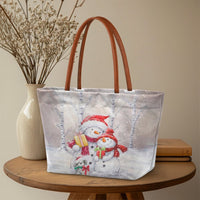 Winter Holiday Season Tote Bag, Watercolor Snowman Christmas Tote Bag, Adorable Xmas Grocery Bag, Festive Travel Shoulder Tote Bag, Holiday Present