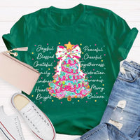 Aesthetic Holiday Graphic Tee, Joyful Peaceful Cheerful Christmas Tree T-Shirt, Retro Xmas Tree Shirt, Festive Winter Holiday Party Top