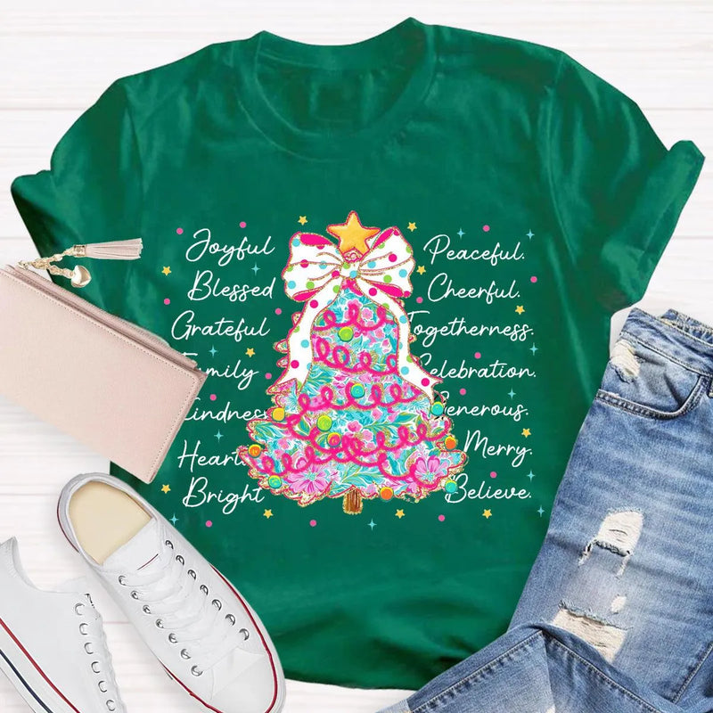 Aesthetic Holiday Graphic Tee, Joyful Peaceful Cheerful Christmas Tree T-Shirt, Retro Xmas Tree Shirt, Festive Winter Holiday Party Top