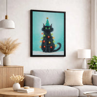 Holiday Cat in Lights Print, Black Cat Christmas Tree Wall Art Digital Download, Whimsical Christmas Cat Poster, Festive Animal Wall Art