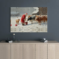 Snowy Farm Christmas Canvas Art, Santa Feeding Cows Canvas Print, Rustic Holiday Wall Decor, Winter Farmhouse Canvas, Country Xmas Present