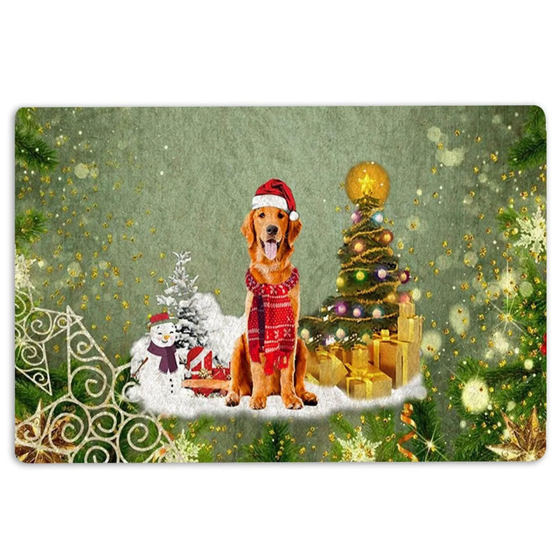 Snowy Tree Welcome Mat, Golden Retriever Christmas Doormat, Merry Christmas Dog Doormat, Winter Pet Floor Mat, Dog Lover Holiday Present