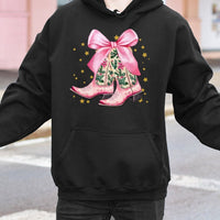 Western Holly and Bow Hooded Sweatshirt, Pink Cowboy Boots Christmas Hoodie, Coquette Cowgirl Pullover, Festive Holiday Present for Her