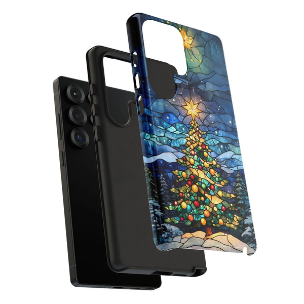 Holiday Winter Phone Cover, Stained Glass Christmas Tree Phone Case, Festive Xmas Phone Case, Dual Layer Polycarbonate Samsun