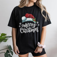 Snowflake Winter Holiday Graphic Tee, Merry Christmas Santa Hat T-Shirt, Festive Xmas Typography Shirt, Seasonal Women Top