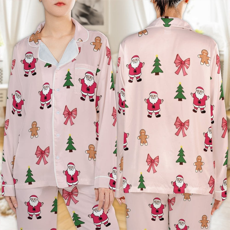 Gingerbread Satin Holiday Pajamas, Christmas Santa Pajama Set, Silky Christmas Sleepwear, Long Sleeve Loungewear Present for Women