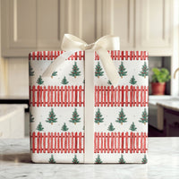 Red Picket Fence Holiday Gift Wrap, Tree Farm Christmas Wrapping Paper, Rustic Farmhouse Wrapping Paper, Winter Forest Present Paper Roll