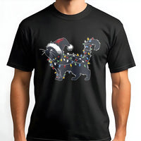 Black Kitten Holiday Fairy Lights Graphic Tee, Christmas Cat Tangled in Lights T-Shirt, Humorous Xmas Kitty T-Shirt, Cat Lover Present