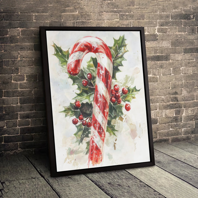 Holly Berries Christmas Wall Decor, Candy Cane Watercolor Wall Art Print, Holiday Season Canvas Art Print, Xmas Canvas Digital Download