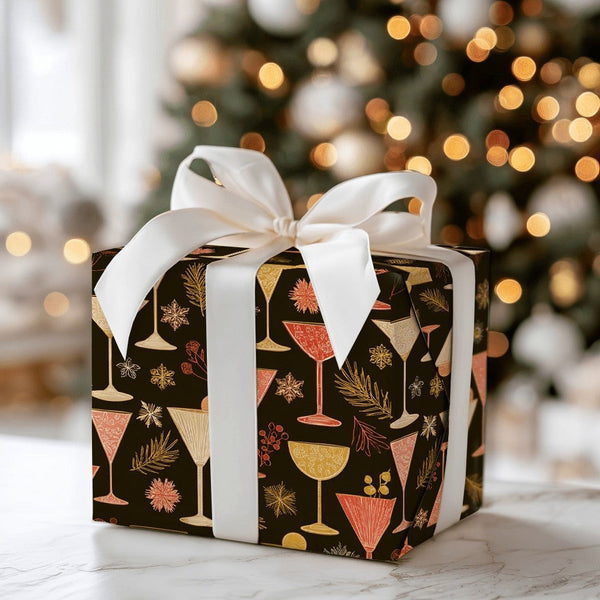 Winter Martini Party Gift Wrap, Holiday Cocktail Wrapping Paper, Dark Aesthetic Drinks Wrapping Paper, New Year Christmas Wra