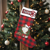 Red Buffalo Plaid Cat Stocking, Personalized Cat Christmas Stocking, Adorable Pet Lover Holiday Stocking, Custom Name Kitten Christmas Stocking
