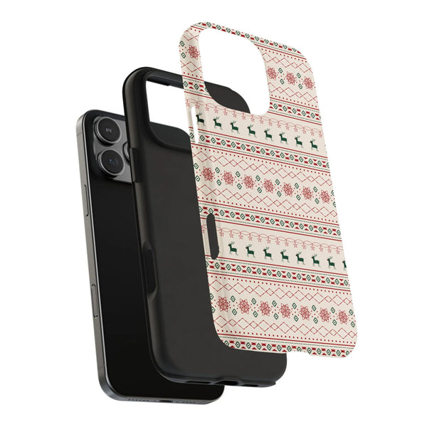 Ugly Sweater Pattern Phone Cover, Christmas Reindeer iPhone Case, Dual Layer Polycarbonate TPU Tough Phone Case, Festive Holi