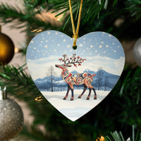 Snowy Winter Ceramic Christmas Ornament, Folk Art Reindeer Heart Ornament, Rustic Woodland Tree Decor, Animal Lover Holiday Keepsake