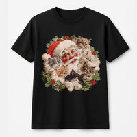 Vintage Cat Wreath Graphic Tee, Santa Claus Kittens Christmas Shirt, Adorable Kitten Holiday T-Shirt, Festive Cat Lover Xmas Shirt, Cat Mom Present