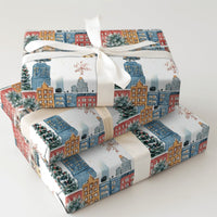 Winter Street Gift Wrap, Snowy City Christmas Wrapping Paper, Watercolor Holiday Wrapping Paper, Festive Town Gift Wrap, Present Paper
