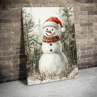 Festive Winter Forest Snow Print, Watercolor Christmas Snowman Canvas Wall Art, Holiday Season Wall Decor, Snowman Digital Download