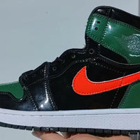 Sneakers, Black Green Orange Colorway, Patent Leather Footwear, Lace Up Design, Casual Gift for Sneaker Fans
