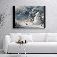 Winter Forest Canvas Print, Snowman with Cardinal Canvas Wall Art, Snowy Holiday Wall Canvas, Christmas Seasonal Decor, Winter Canvas Present