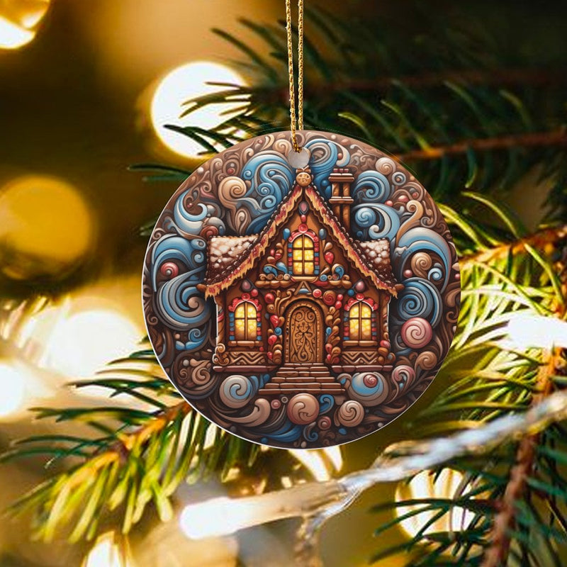 Swirl Holiday Ornament, Psychedelic Gingerbread House Ornament, Colorful Candy Cottage Ceramic Ornament, Christmas Tree Keepsake Present