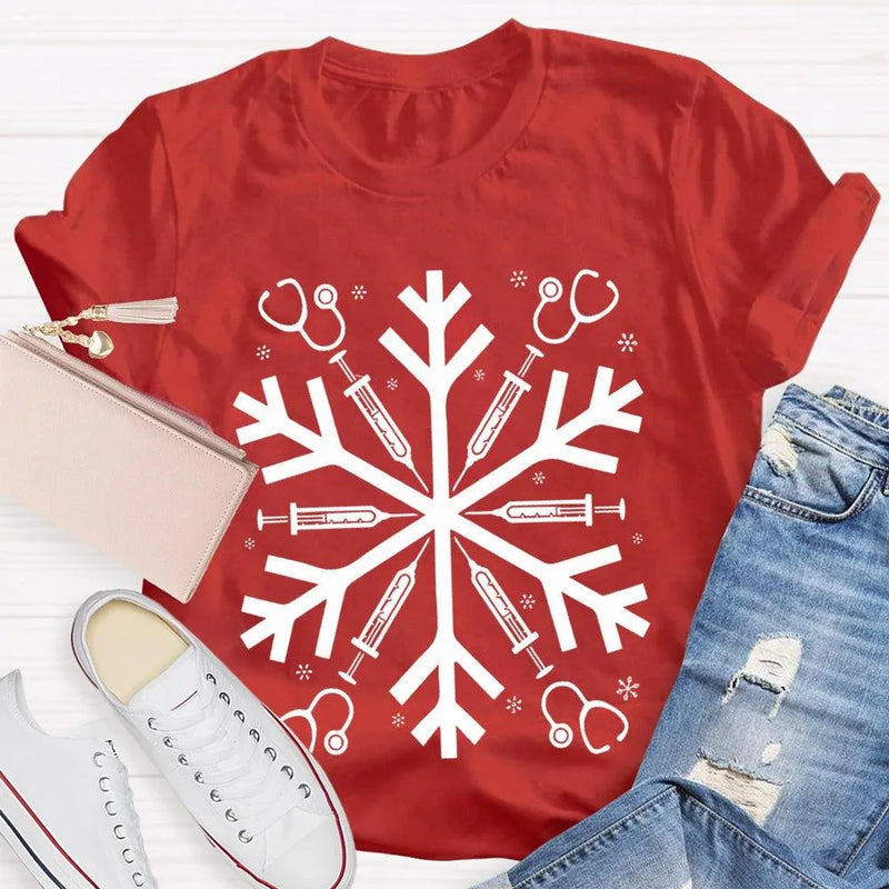 Snowflake Holiday Graphic Tee, School Nurse Christmas T-Shirt, Winter RN Nurse Shirt, Festive Hospital Staff Tee, Nurse Xmas Present