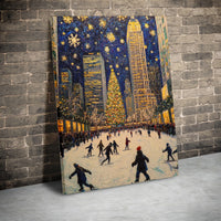 Christmas in New York Canvas Print, NYC Ice Skating Canvas Wall Art, Impressionist Winter Cityscape Canvas, Holiday Seasonal Home Decor