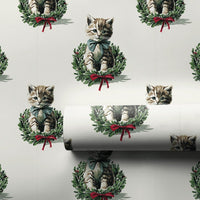 Tabby Cat Wreath Gift Wrap, Vintage Kitten Christmas Wrapping Paper, Retro Feline Holiday Wrapping Paper, Cat Lover Xmas Gift Wrap