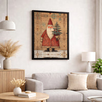 Vintage Christmas Tree Painting, Folk Art Santa Claus Canvas, Rustic Holiday Canvas Wall Art, Winter Farmhouse Wall Decor, Xmas Canvas Art
