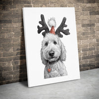 Dog Reindeer Antlers Sketch Print, Goldendoodle Christmas Canvas Wall Art, Holiday Puppy Canvas Portrait, Dog Lover Digital Download