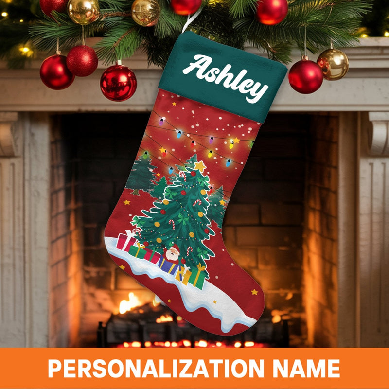 Custom Name Holiday Stocking, Personalized Santa Christmas Stocking, Christmas Tree Mantle Decor, Velboa Velvet Stocking, Family Xmas Present