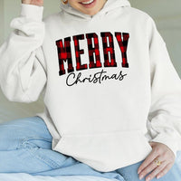 Buffalo Plaid Red Text Graphic Hooded Sweatshirt, Merry Christmas Hoodie, Comfy Holiday Winter Pullover, Festive Xmas Present for Her Him
