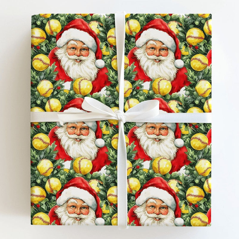 Holiday Sports Gift Wrap Roll, Softball Santa Christmas Wrapping Paper, Fastpitch Softball Present Paper, Athletic Xmas Gift Wrap