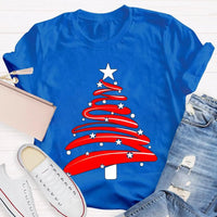 Festive Holiday Season Graphic Tee, Red Christmas Tree Stars Graphic Shirt, Merry Christmas Tree T-Shirt, Winter Holiday Party Apparel