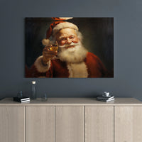 Vintage Oil Painting Santa Portrait, Santa Claus Toasting Canvas Wall Art, Christmas Holiday Canvas Print, Festive Canvas Decor