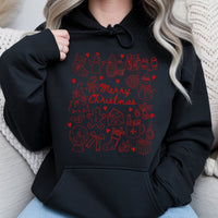 Festive Holiday Icons Graphic Hoodie, Merry Christmas Doodle Hoodie, Adorable Xmas Doodle Pullover Hoodie, Winter Holiday Hooded Sweatshirt